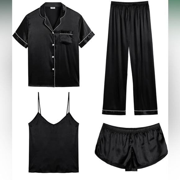 Other - 🏷️NWT Elegant Black Satin Sleepwear 4 Piece Set